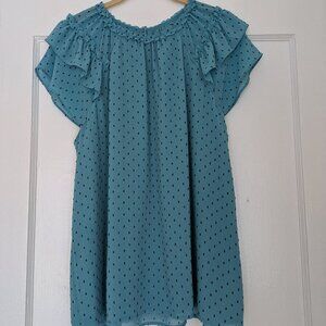 Never Worn Ann Taylor Loft Clip Double Ruffle Top Turquoise/Black Women's Large